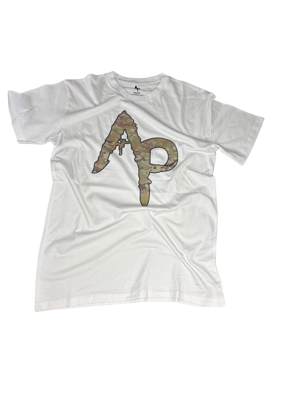 Front view of a white Apex Pioneer T-shirt with a large camouflage AP logo and climber detail.