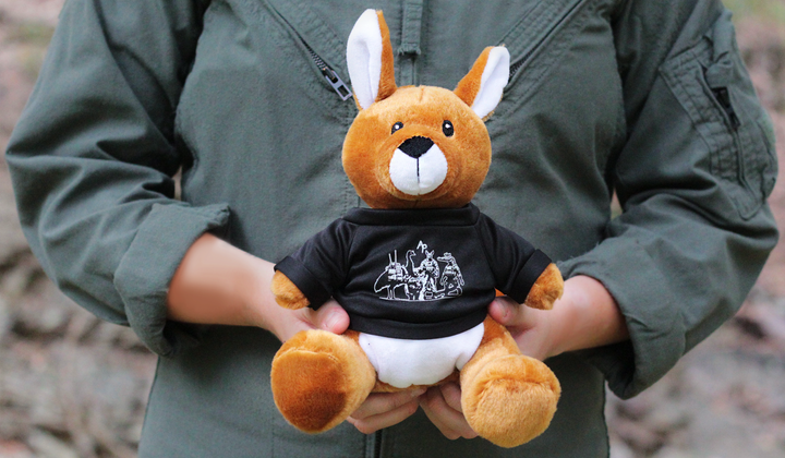 Apex Pioneer plush stuffed kangaroo featuring band of animals print.